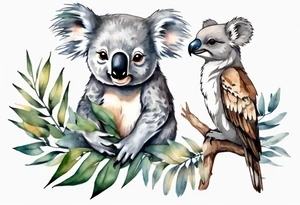 Koala and kookaburra separately sitting on wattle and eucalyptus leaves tattoo idea