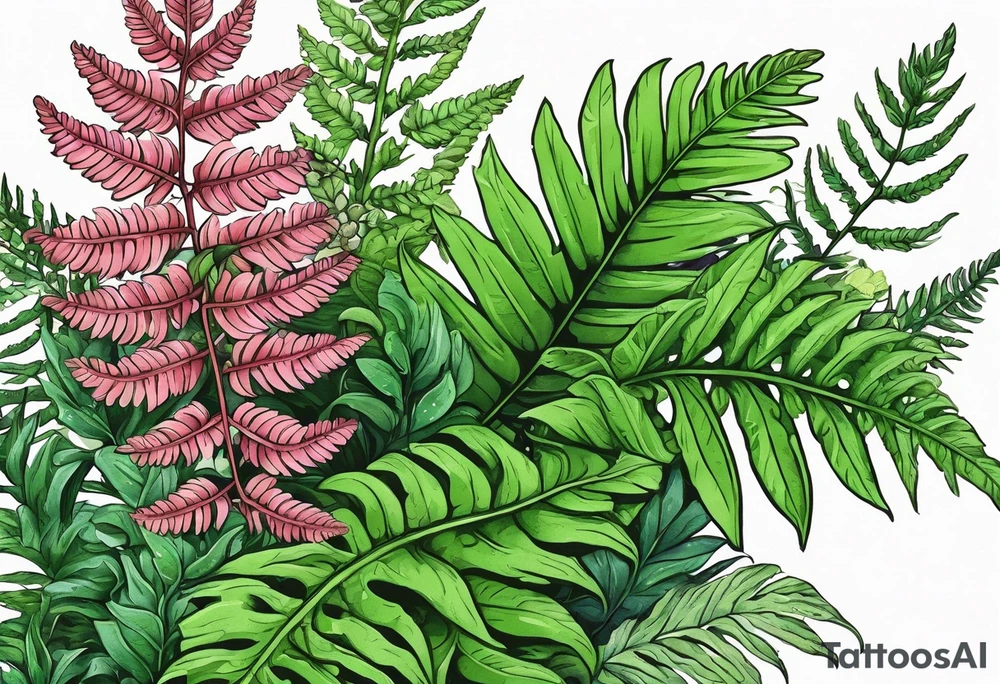 Fern leaf and basil leaf in a bouquet tied with a kawaii ribbon tattoo idea