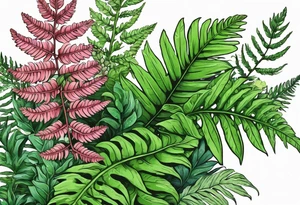 Fern leaf and basil leaf in a bouquet tied with a kawaii ribbon tattoo idea
