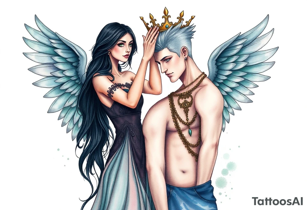 A Scorpio gypsy woman with wings like an angel and long black hair and green eyes placing a kings crown on a tall man with grey short spiked hair and blue eyes. She is wearing a long flowing dress tattoo idea