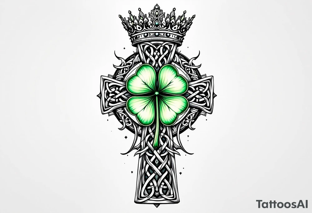 Celtic cross tattoo featuring intricate knotwork patterns along the arms and base of the cross. At the heart of the cross, place a vibrant four-leaf clover, its leaves shaded with subtle gradients of green, symbolizing luck and unity. Above the cross, incorporate a regal crown adorned with ornate details, such as small gemstones or filigree, to signify authority and strength. Behind the cross include a lot of filigree and celtic knots giving a tree of life vibe tattoo idea