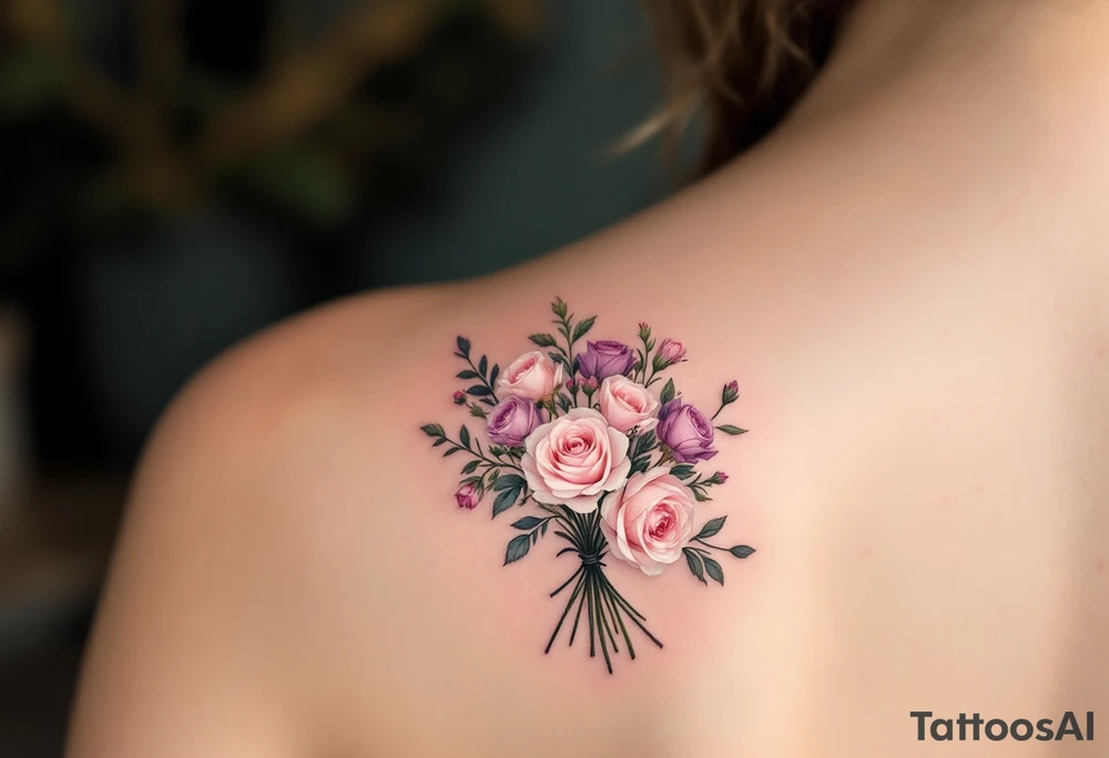 Tiny bouquet of wild roses, in pastel pinks and purples, tied loosely with thread-like ink strokes. tattoo idea