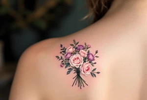 Tiny bouquet of wild roses, in pastel pinks and purples, tied loosely with thread-like ink strokes. tattoo idea