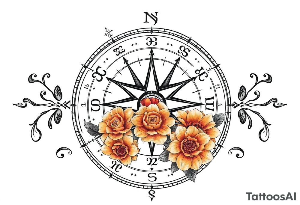 zodiac symbols the elements and Norse runes within ornate compass with roses lilly sunflowers tattoo idea