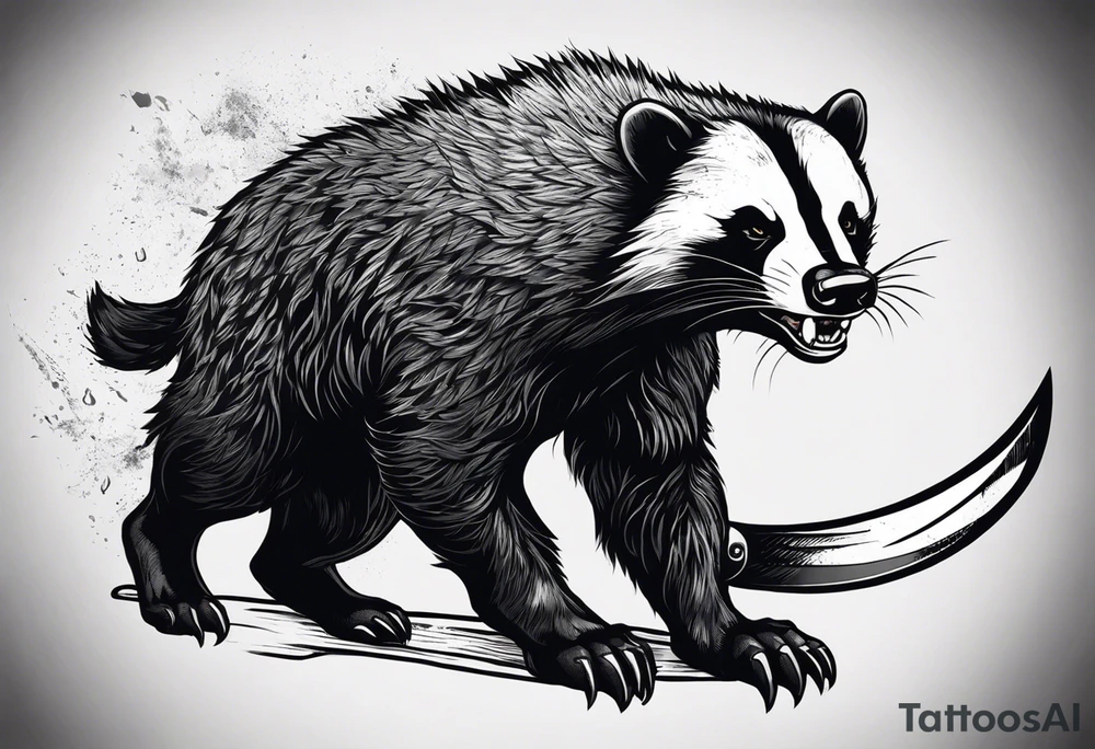 Draw me psychopath Fearless Honey Badger/Berserker with aggressive full body, killer face with a scary smile, very long nails and he attacks like a Bloody Assassin/Warrior/Gladiator to us and also, he has very deadly looking. He fights with his nails only. Everybody scares after their first sight. Give me horror type Badger Tattoo. I want to see his Realistic full body with no weapons. You can show destruction at the back. tattoo idea