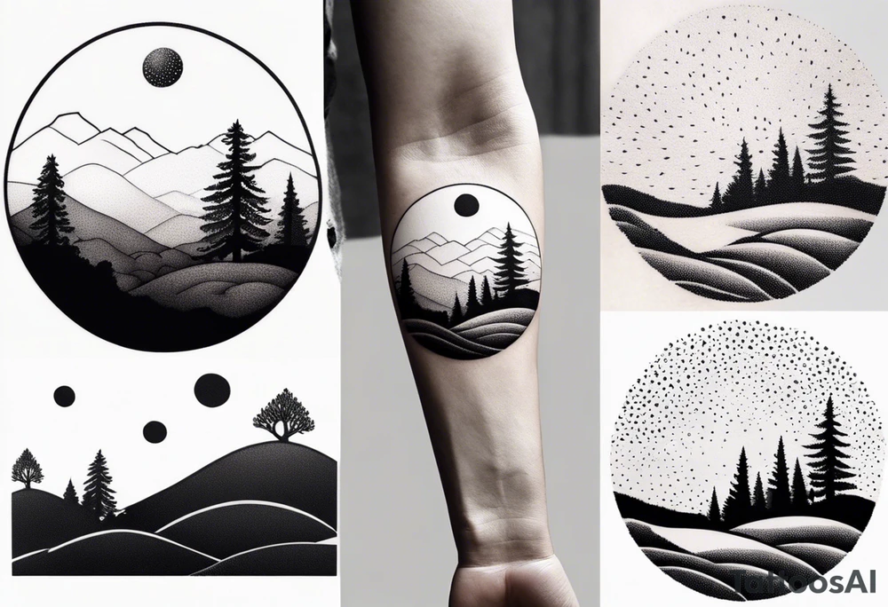 “Generate a minimalist tattoo showcasing a symmetrical scene of rolling hills and a rising sun, with small animals like deer or foxes incorporated into the design. tattoo idea