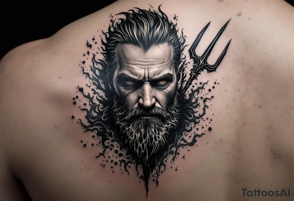 man with a trident, surrounded by fire and water tattoo idea