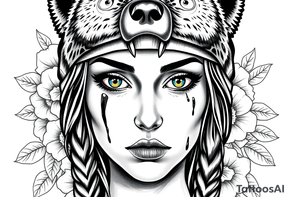 Young Symmetrical Beautiful Woman, looking forward, with colored eyes, shedding a tear, with battle scars and blood on face, with soft look, wearing a mean looking bear headdress on head, with flower background tattoo idea
