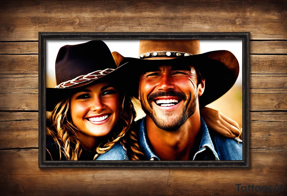 Smile now cry later to resemble cowboy/girl faces—one smiling with a cowboy hat and the other crying with a bandana or cowboy hat tilted downward? Framed with a rope or barbed wire design and include rustic lettering for the phrase “Smile Now, Cry Later,” perhaps resembling old western signage or branding irons. tattoo idea