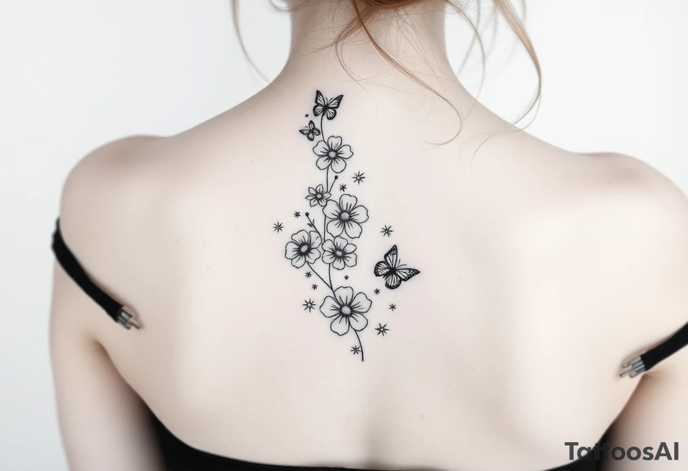 Flowers down the spine surrounded by small butterflies and sparkles tattoo idea