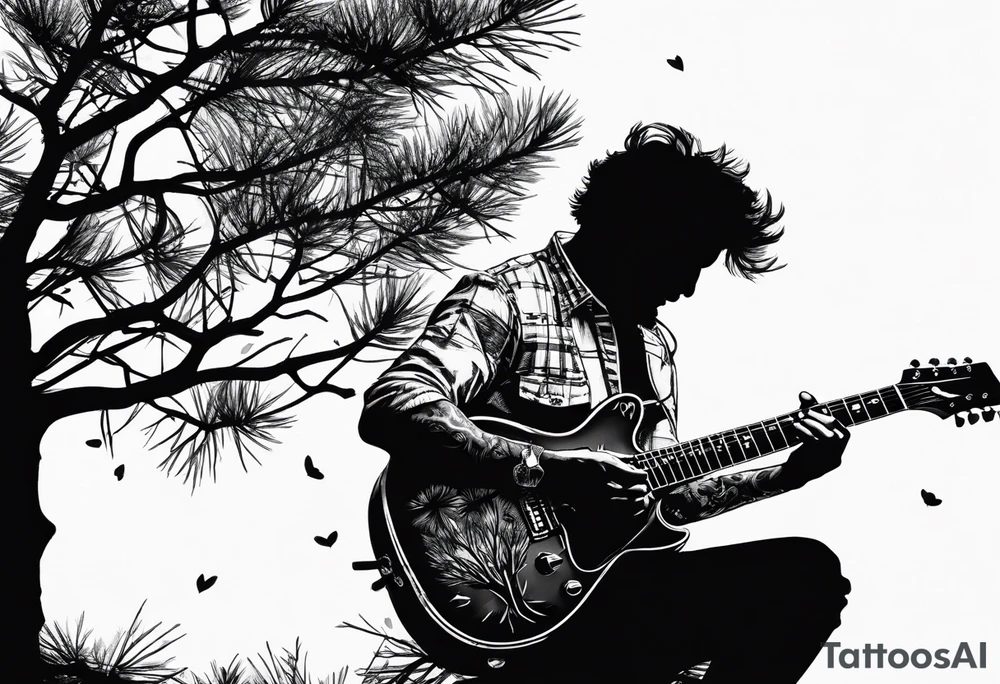 silhouette of a man sitting in a pine tree playing electric guitar tattoo idea