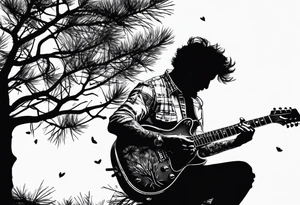 silhouette of a man sitting in a pine tree playing electric guitar tattoo idea