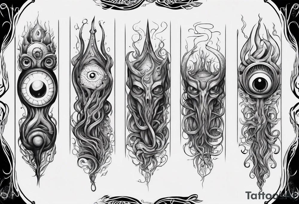 lovecraft long tattoo to put on the forearm, with eye and tentacle tattoo idea