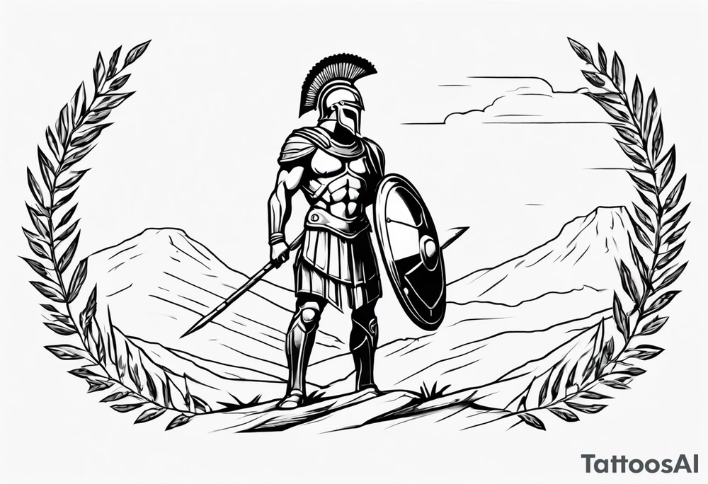 rectangular landscape format ultra-fine line linework vector of a spartan from the side, spartan spear, spartan shield, laurel wreath tattoo idea