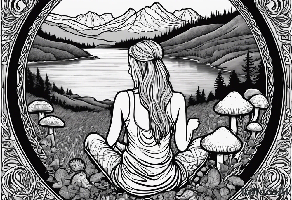 Whole picture encircled fully

Straight long blonde hair hippie girl in distance holding mushrooms in hand facing away toward mountains and creek surrounded by mushrooms long sleeve shirt and hiking pants; whole rendering within a full celtic circle border, no cut off circle tattoo idea