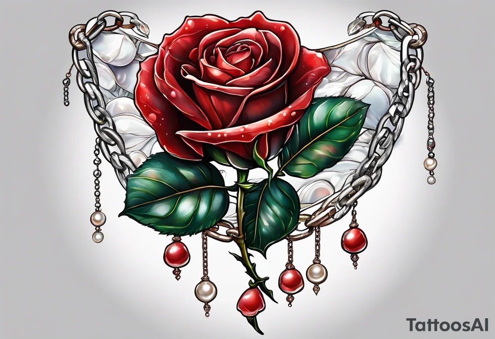 Red rose with a chain made of pearls and seashell tattoo idea