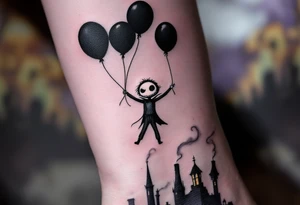 Tim Burton’s pale-faced child floats with black balloons above crooked chimneys under a smoky lavender sky. tattoo idea
