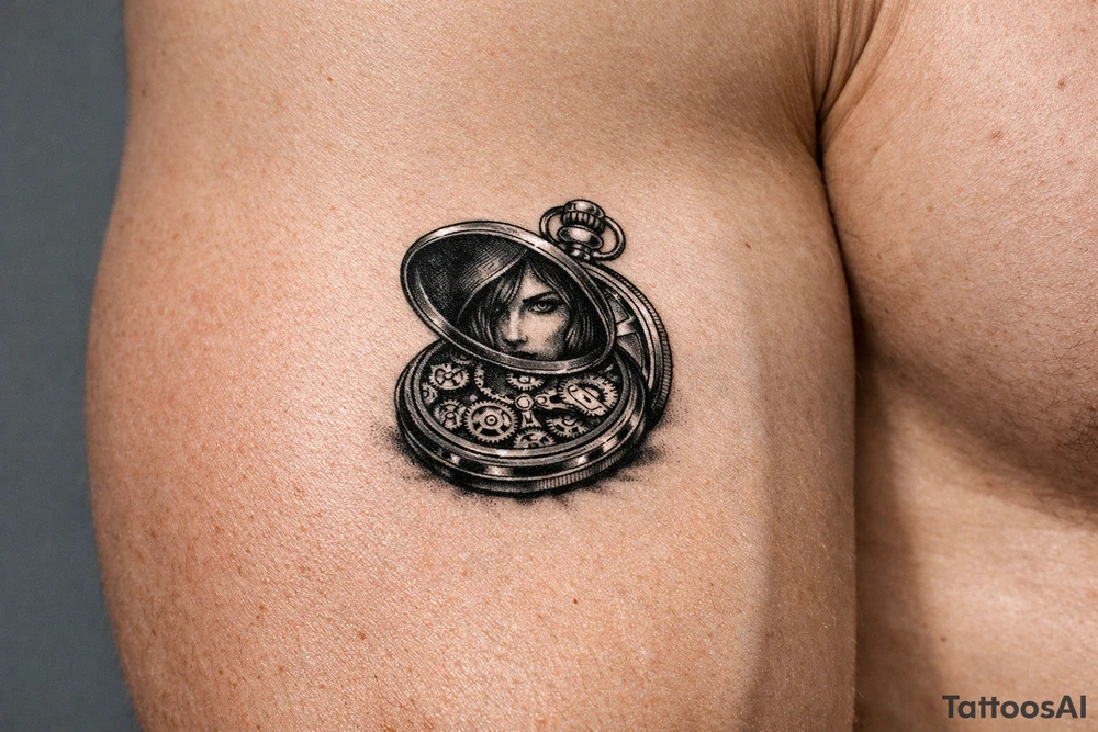 Victorian pocket watch, Margo's face peering from open lid, brass gears. tattoo idea