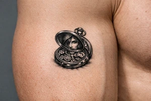 Victorian pocket watch, Margo's face peering from open lid, brass gears. tattoo idea
