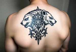Nordic Viking themed bear on shoulder Vegvisir symbol tribal elder furthark bicep band tattoo idea
