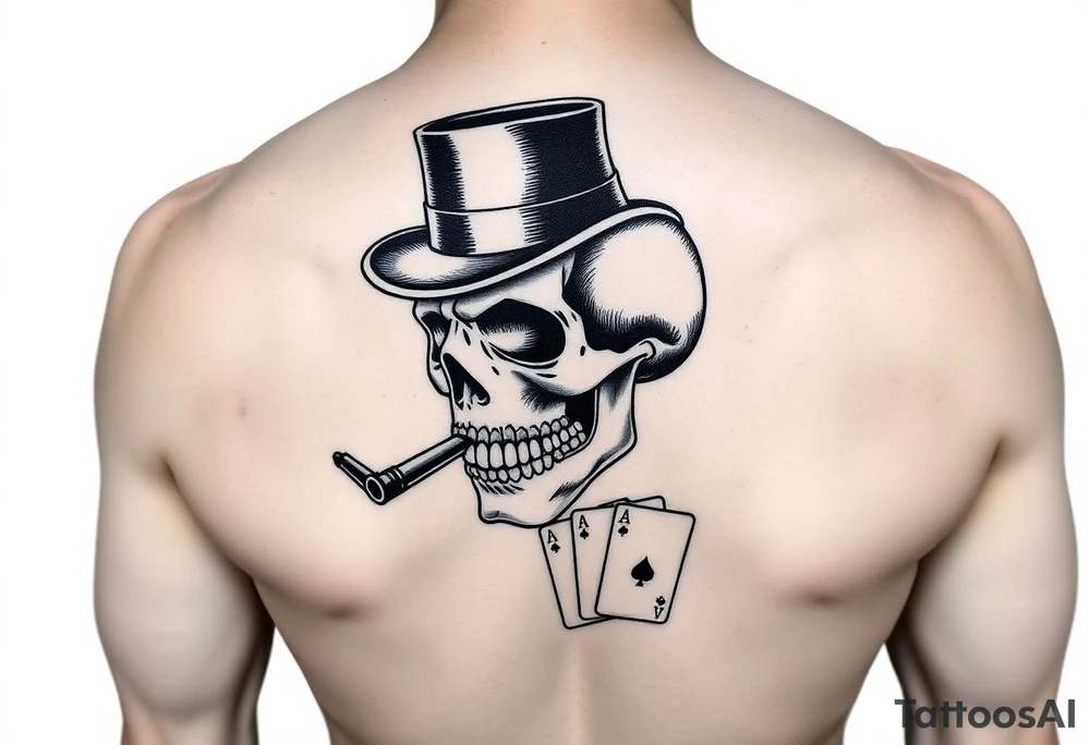 skull with mustache, cigar in his mouth,top-hat on his head and playing cards in his hand. tattoo idea
