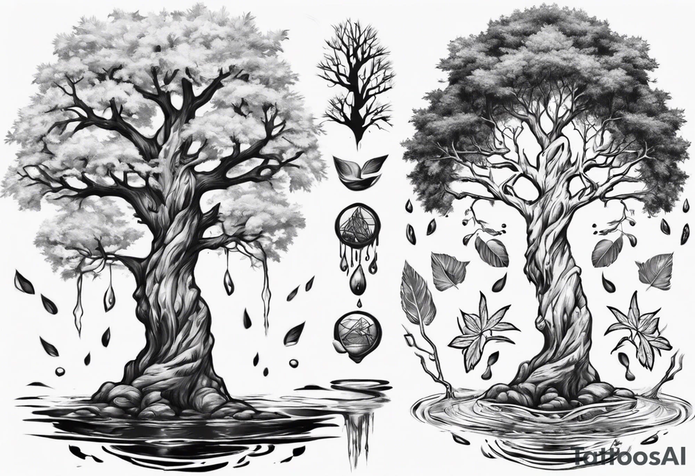 Water and oka tree with Baird on the tree tattoo idea