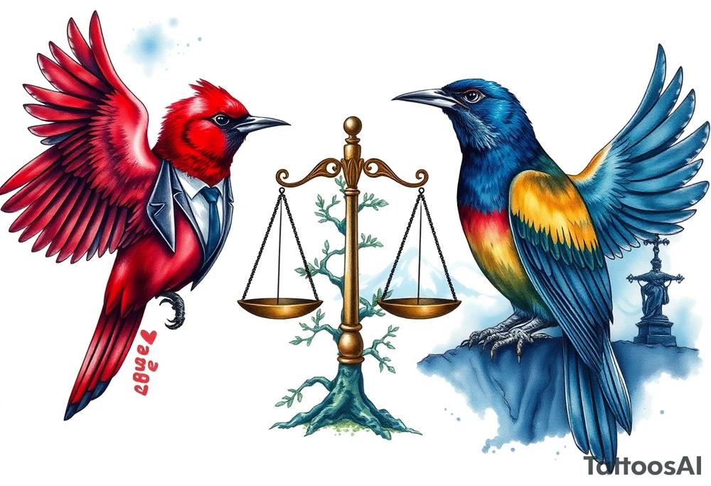 one of the birds red wearing a suit, other bird navy blue with glasses or holding a book, scales of justice built into a tree, starry night painting and mountain background tattoo idea