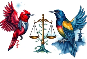 one of the birds red wearing a suit, other bird navy blue with glasses or holding a book, scales of justice built into a tree, starry night painting and mountain background tattoo idea