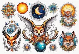 fisch, fuchs und eule , symetrie  sonne, universum, bunt, " sapere aude" tattoo idea