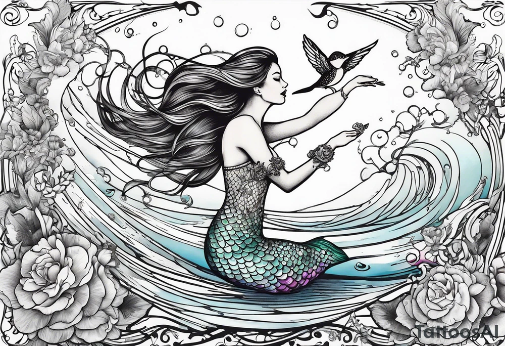 Mermaid jumping out of water to touch a hummingbird tattoo idea