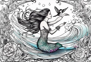 Mermaid jumping out of water to touch a hummingbird tattoo idea