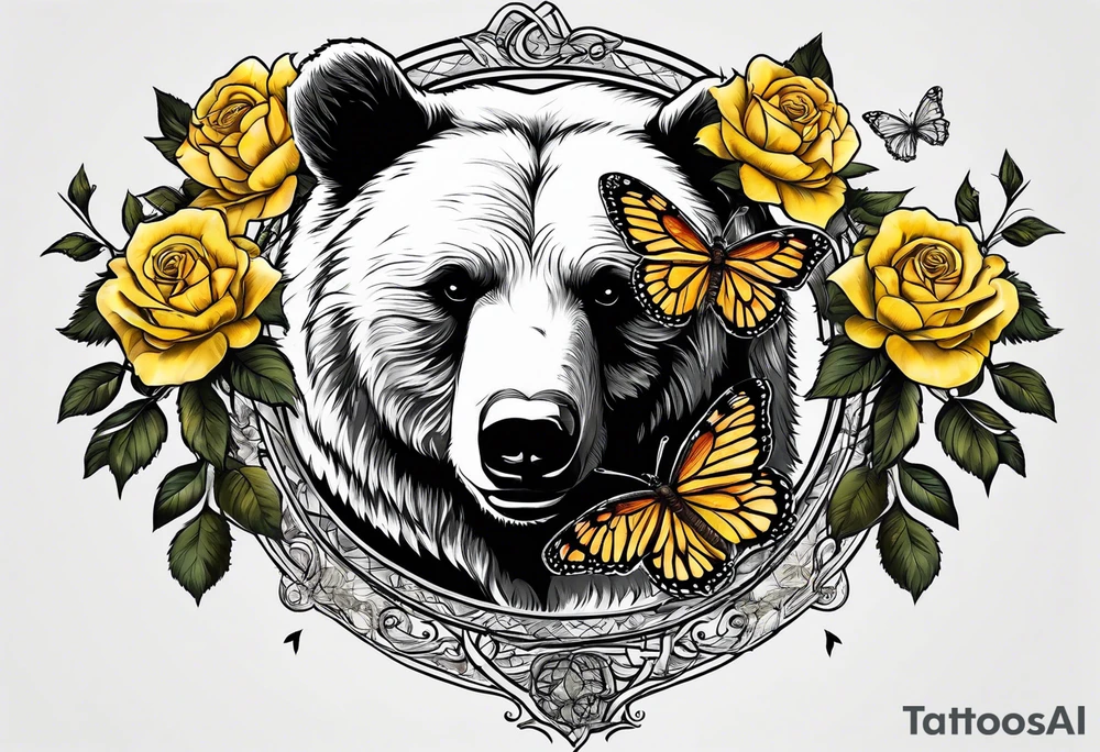 Bear under the tree of life with yellow roses and three butterflies for an upper arm tattoo. tattoo idea