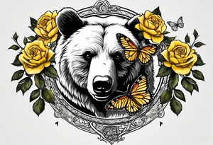 Bear under the tree of life with yellow roses and three butterflies for an upper arm tattoo. tattoo idea