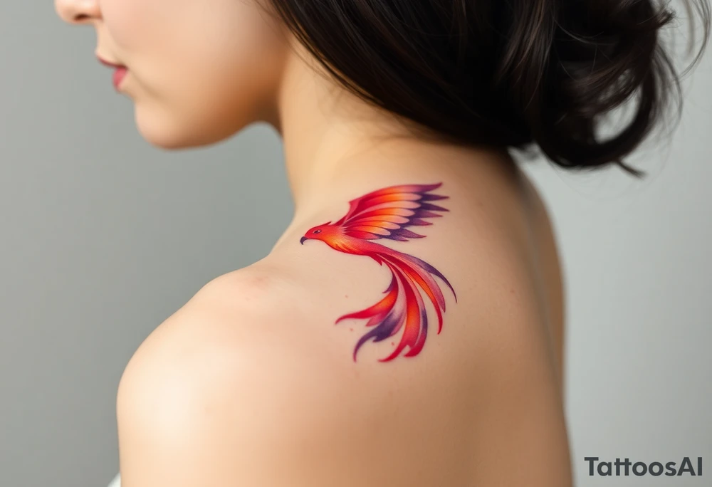 Phoenix rising from the ashes with the colors red, pink, orange and purple tattoo idea