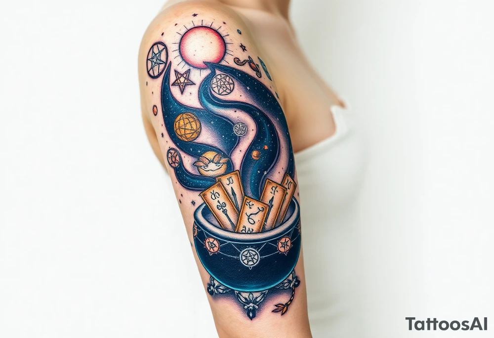 Milky way galaxy filled with zodiac symbols runes tarot cards coming out of a cauldron tattoo idea