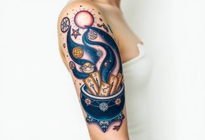 Milky way galaxy filled with zodiac symbols runes tarot cards coming out of a cauldron tattoo idea