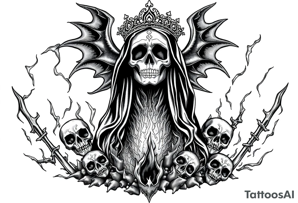 Powerful and evil Santa muerte rising from the flames and ashes of hell, surrounded by unclaimed souls tattoo idea