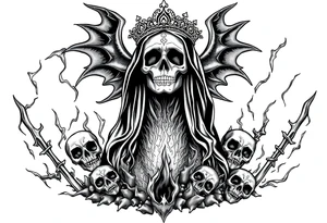 Powerful and evil Santa muerte rising from the flames and ashes of hell, surrounded by unclaimed souls tattoo idea