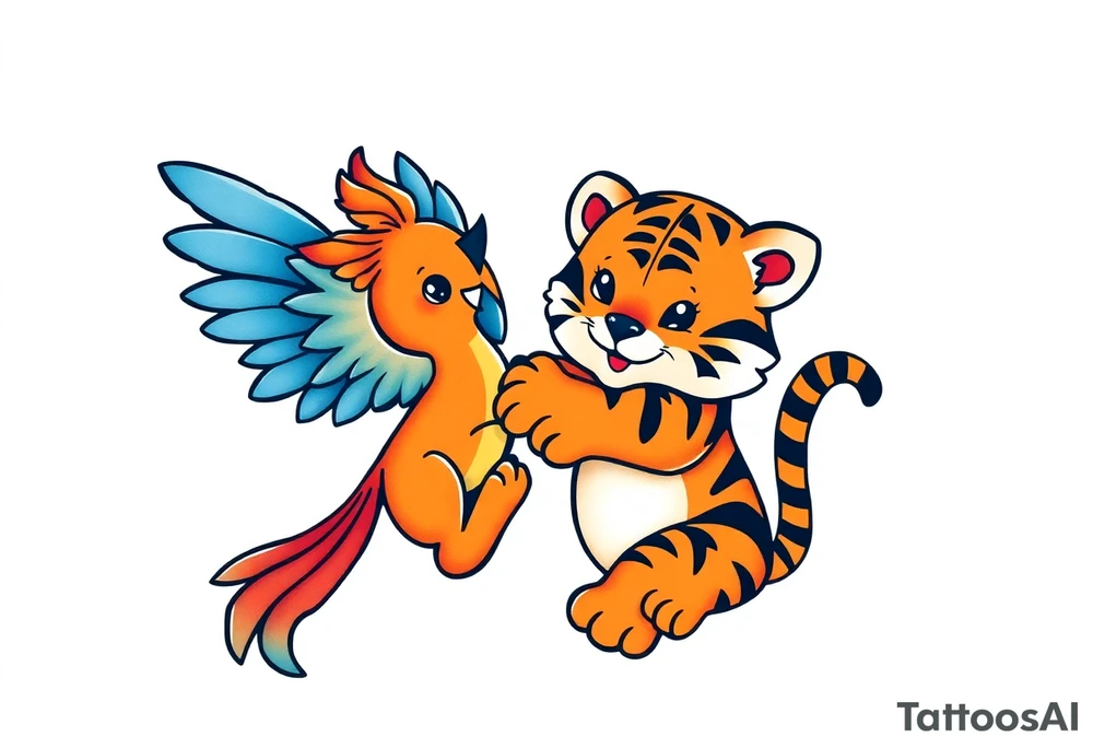 an adorable phoenix and tiger playing together. a blue and orange color scheme tattoo idea