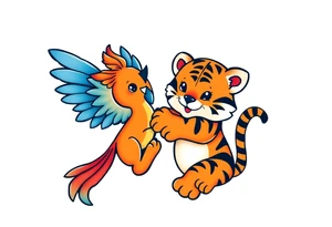 an adorable phoenix and tiger playing together. a blue and orange color scheme tattoo idea