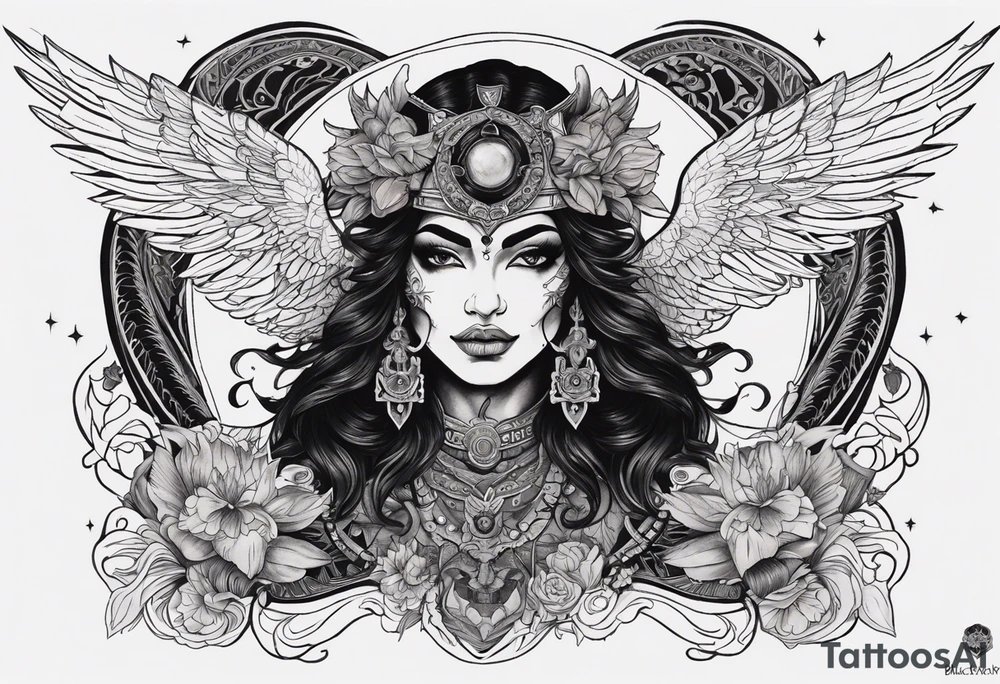 black kali, goddess pirate, alien, angel, pachamama, valkrye, warrior, flying, skull, lotus azul, wing, eagle, zenza resonance, stars, 5D, anahata chakra, death, durga, riding on a tiger, flying lady, chest tatoo tattoo idea