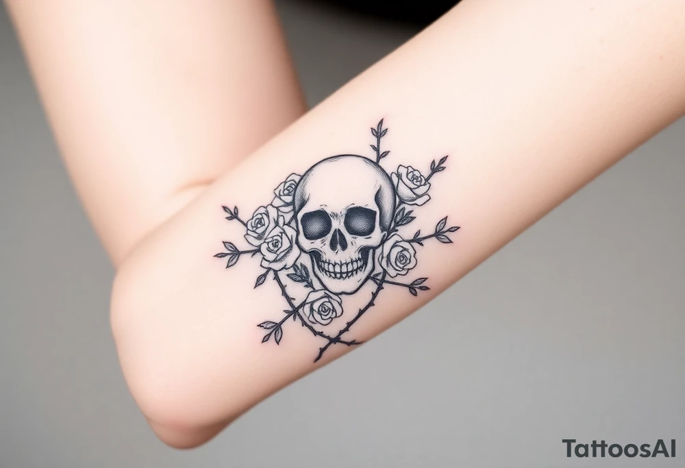 gothic skull intertwined with climbing roses and thorny vines tattoo idea