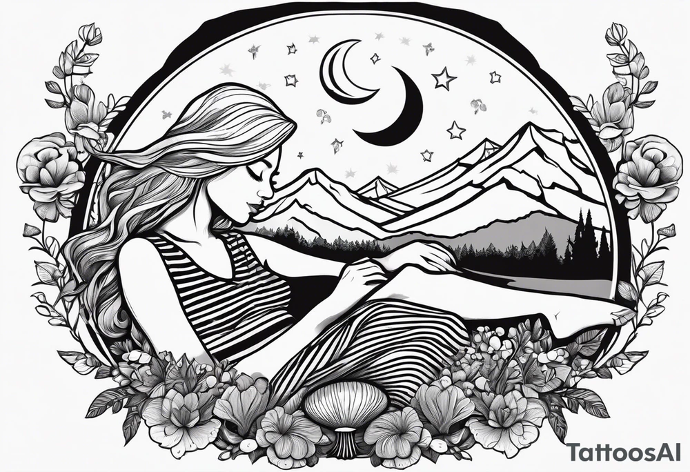 Straight blonde hair girl in black and white striped dress sleeping in a field of mushrooms with mountains s
and crescent moon mandala background tattoo idea