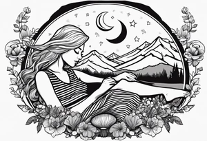 Straight blonde hair girl in black and white striped dress sleeping in a field of mushrooms with mountains s
and crescent moon mandala background tattoo idea