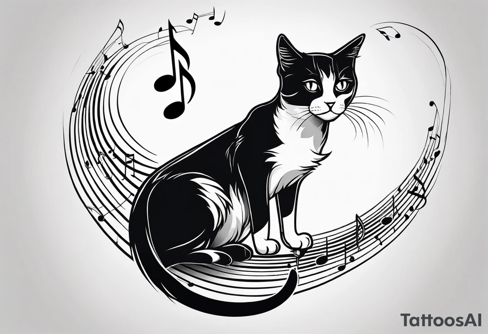 Small Outline of cat reaching to a music note tattoo idea