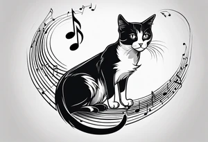 Small Outline of cat reaching to a music note tattoo idea