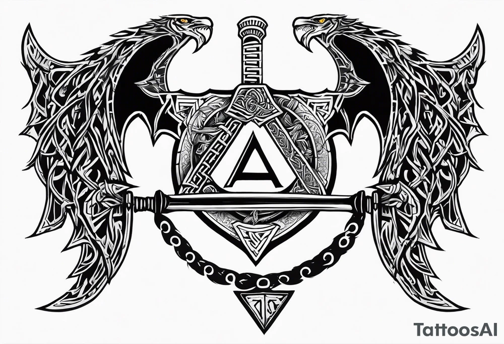 Valhalla sword shield dragon axe Valknut barbed wire chains tribal tattoo idea Valhalla sword shield dragon axe Valknut barbed wire chains tribal tattoo idea