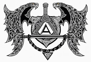 Valhalla sword shield dragon axe Valknut barbed wire chains tribal tattoo idea