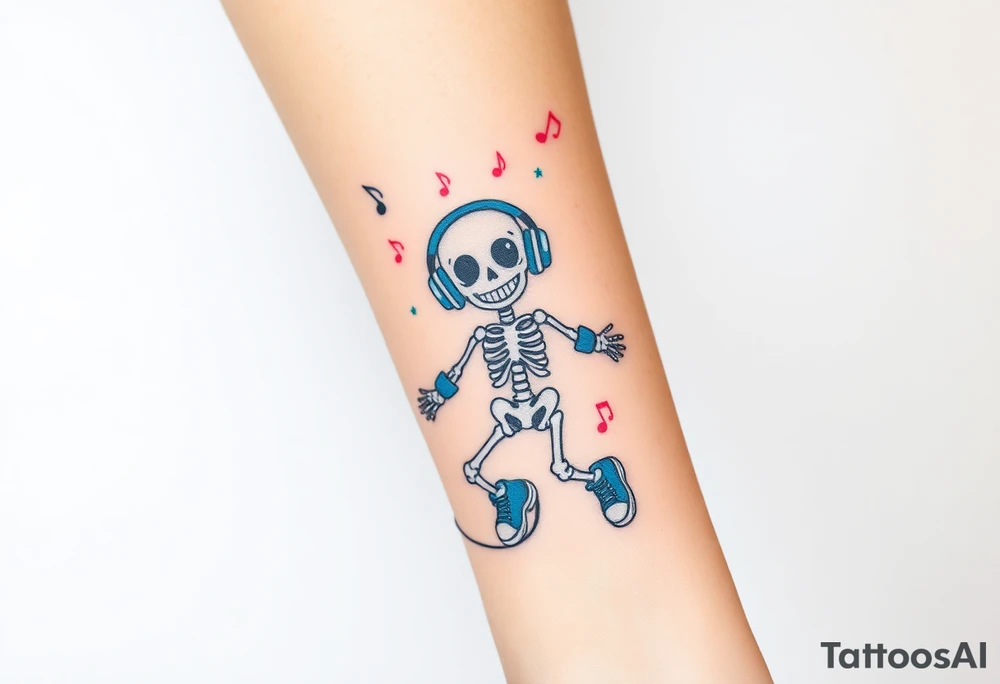 Cute smiley skeleton with love in his eyes jumping on a jump rope with blue headphones blue armbands blue sneakers and colorful  music notes around his head tattoo idea