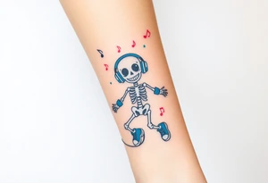 Cute smiley skeleton with love in his eyes jumping on a jump rope with blue headphones blue armbands blue sneakers and colorful  music notes around his head tattoo idea